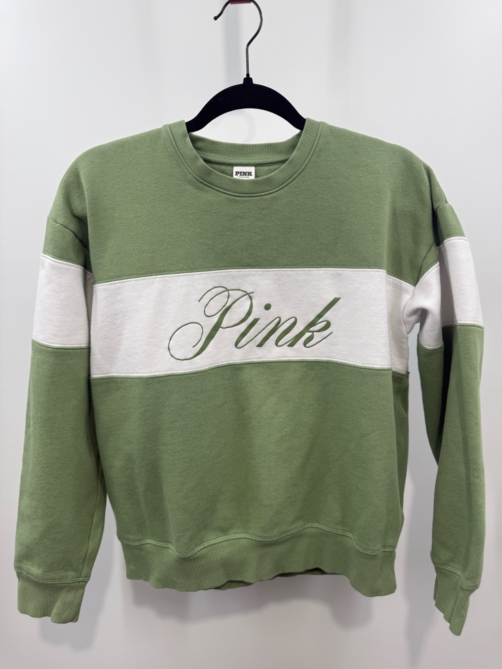 Victoria’s Secret PINK Colorblock Crewneck Sweatshirt Sage Green White Size M